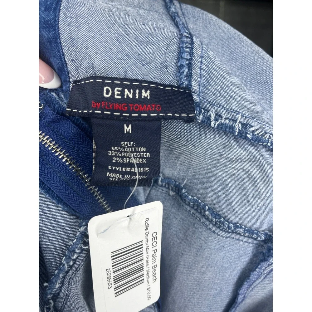 Flying Tomato Denim Mini‎ Dress Ruffle Sleeves V Neck Dark Wash Size M, NWT - Picture 5 of 7